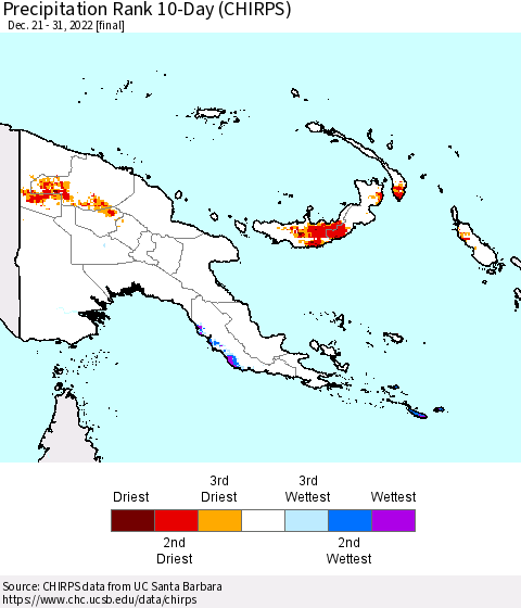 Papua New Guinea Precipitation Rank since 1981, 10-Day (CHIRPS) Thematic Map For 12/21/2022 - 12/31/2022