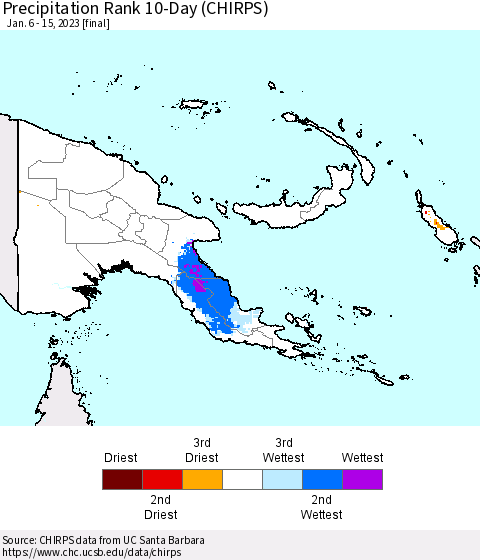 Papua New Guinea Precipitation Rank since 1981, 10-Day (CHIRPS) Thematic Map For 1/6/2023 - 1/15/2023