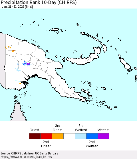 Papua New Guinea Precipitation Rank since 1981, 10-Day (CHIRPS) Thematic Map For 1/21/2023 - 1/31/2023