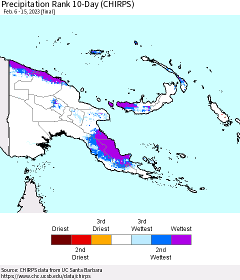 Papua New Guinea Precipitation Rank since 1981, 10-Day (CHIRPS) Thematic Map For 2/6/2023 - 2/15/2023