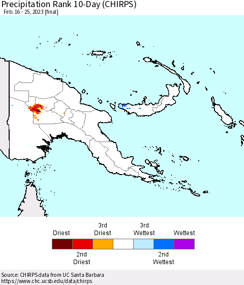 Papua New Guinea Precipitation Rank since 1981, 10-Day (CHIRPS) Thematic Map For 2/16/2023 - 2/25/2023