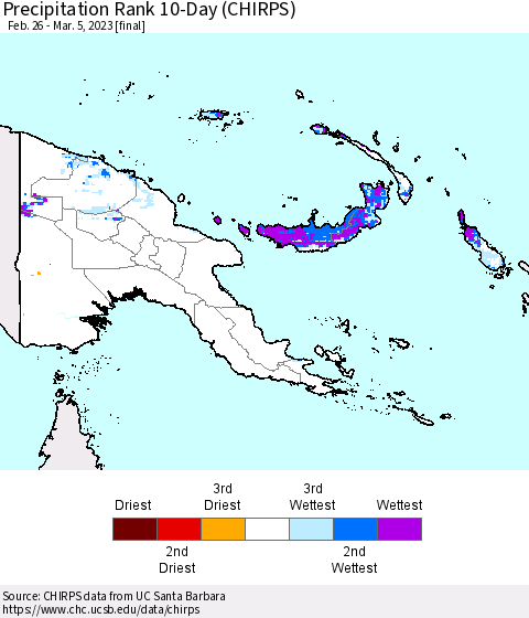 Papua New Guinea Precipitation Rank since 1981, 10-Day (CHIRPS) Thematic Map For 2/26/2023 - 3/5/2023