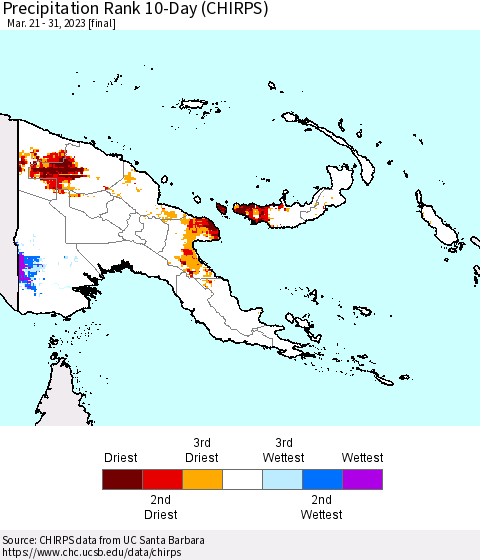 Papua New Guinea Precipitation Rank since 1981, 10-Day (CHIRPS) Thematic Map For 3/21/2023 - 3/31/2023