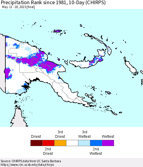 Papua New Guinea Precipitation Rank since 1981, 10-Day (CHIRPS) Thematic Map For 5/11/2023 - 5/20/2023