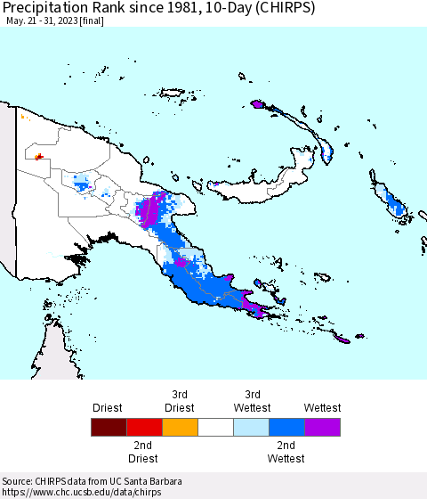 Papua New Guinea Precipitation Rank since 1981, 10-Day (CHIRPS) Thematic Map For 5/21/2023 - 5/31/2023