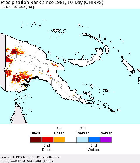 Papua New Guinea Precipitation Rank since 1981, 10-Day (CHIRPS) Thematic Map For 6/21/2023 - 6/30/2023