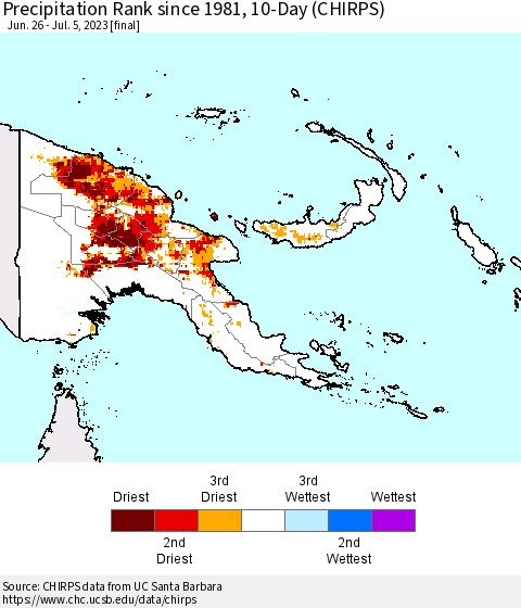 Papua New Guinea Precipitation Rank since 1981, 10-Day (CHIRPS) Thematic Map For 6/26/2023 - 7/5/2023