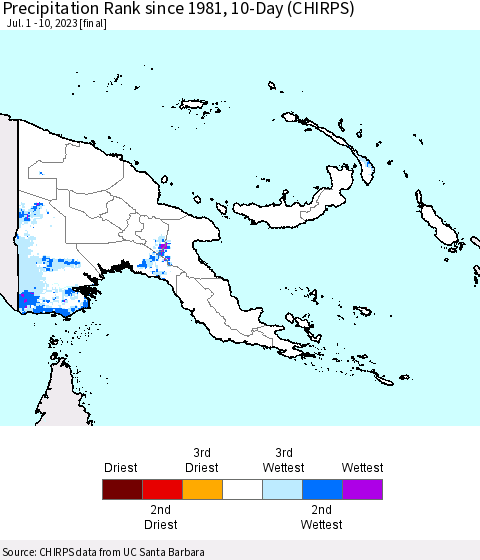 Papua New Guinea Precipitation Rank since 1981, 10-Day (CHIRPS) Thematic Map For 7/1/2023 - 7/10/2023