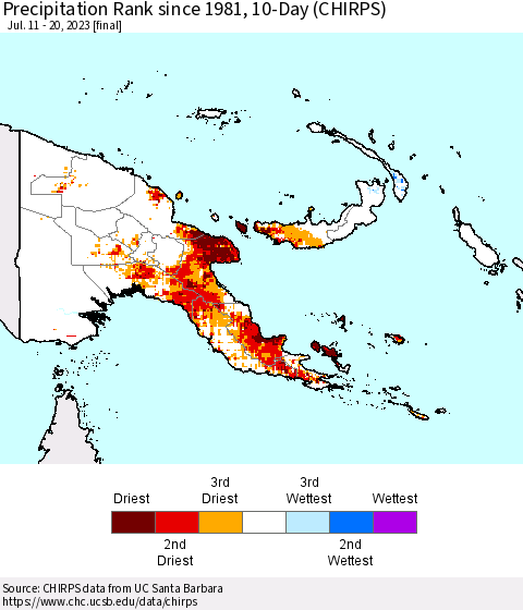 Papua New Guinea Precipitation Rank since 1981, 10-Day (CHIRPS) Thematic Map For 7/11/2023 - 7/20/2023
