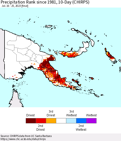 Papua New Guinea Precipitation Rank since 1981, 10-Day (CHIRPS) Thematic Map For 7/16/2023 - 7/25/2023