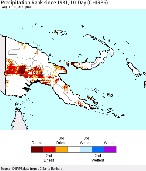 Papua New Guinea Precipitation Rank since 1981, 10-Day (CHIRPS) Thematic Map For 8/1/2023 - 8/10/2023