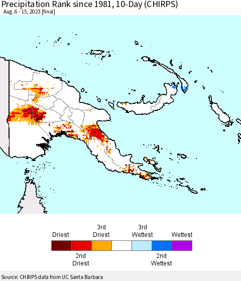 Papua New Guinea Precipitation Rank since 1981, 10-Day (CHIRPS) Thematic Map For 8/6/2023 - 8/15/2023
