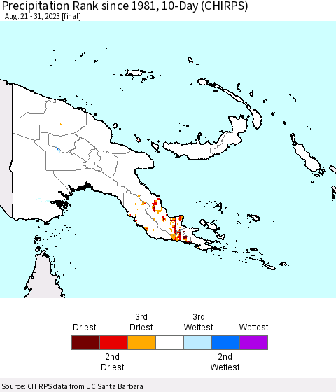 Papua New Guinea Precipitation Rank since 1981, 10-Day (CHIRPS) Thematic Map For 8/21/2023 - 8/31/2023