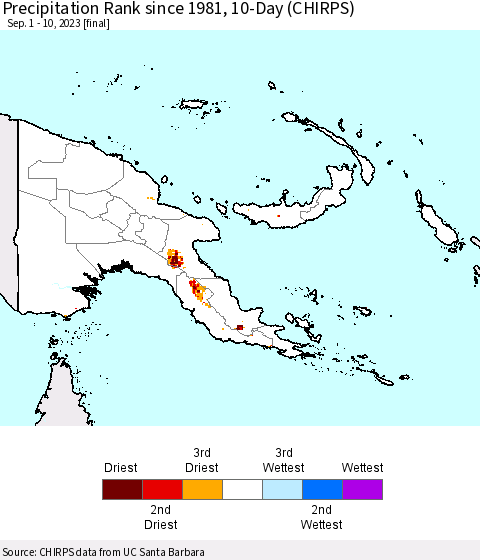 Papua New Guinea Precipitation Rank since 1981, 10-Day (CHIRPS) Thematic Map For 9/1/2023 - 9/10/2023
