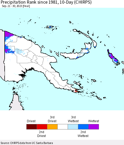 Papua New Guinea Precipitation Rank since 1981, 10-Day (CHIRPS) Thematic Map For 9/21/2023 - 9/30/2023