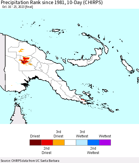Papua New Guinea Precipitation Rank since 1981, 10-Day (CHIRPS) Thematic Map For 10/16/2023 - 10/25/2023