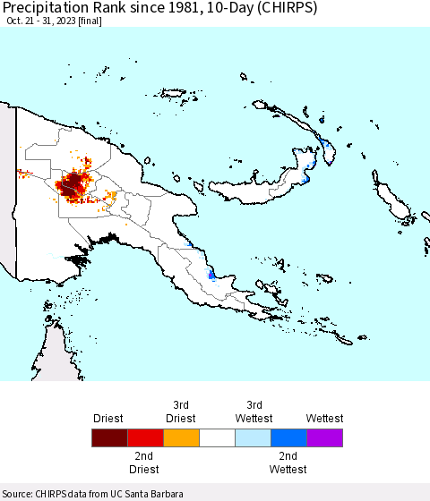 Papua New Guinea Precipitation Rank since 1981, 10-Day (CHIRPS) Thematic Map For 10/21/2023 - 10/31/2023