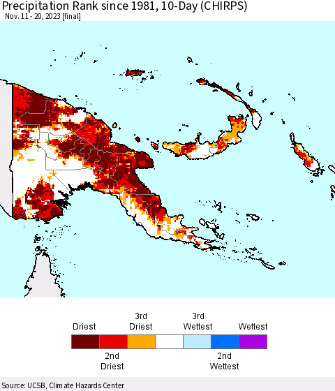 Papua New Guinea Precipitation Rank since 1981, 10-Day (CHIRPS) Thematic Map For 11/11/2023 - 11/20/2023