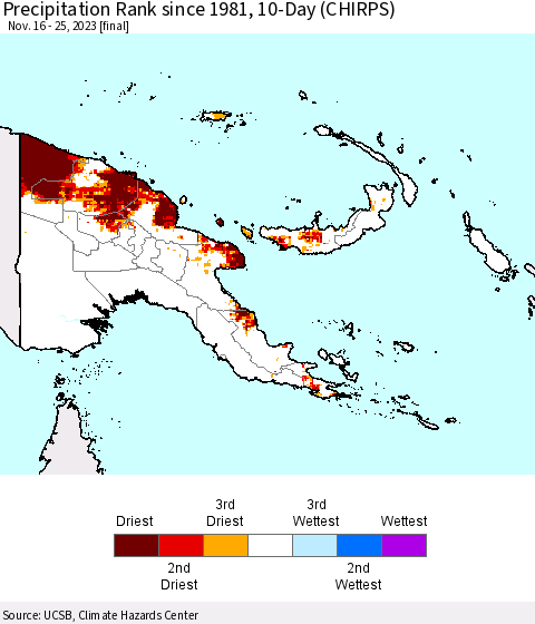 Papua New Guinea Precipitation Rank since 1981, 10-Day (CHIRPS) Thematic Map For 11/16/2023 - 11/25/2023