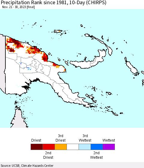 Papua New Guinea Precipitation Rank since 1981, 10-Day (CHIRPS) Thematic Map For 11/21/2023 - 11/30/2023