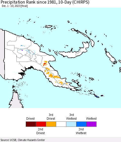 Papua New Guinea Precipitation Rank since 1981, 10-Day (CHIRPS) Thematic Map For 12/1/2023 - 12/10/2023