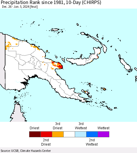Papua New Guinea Precipitation Rank since 1981, 10-Day (CHIRPS) Thematic Map For 12/26/2023 - 1/5/2024