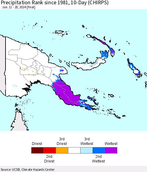 Papua New Guinea Precipitation Rank since 1981, 10-Day (CHIRPS) Thematic Map For 1/11/2024 - 1/20/2024