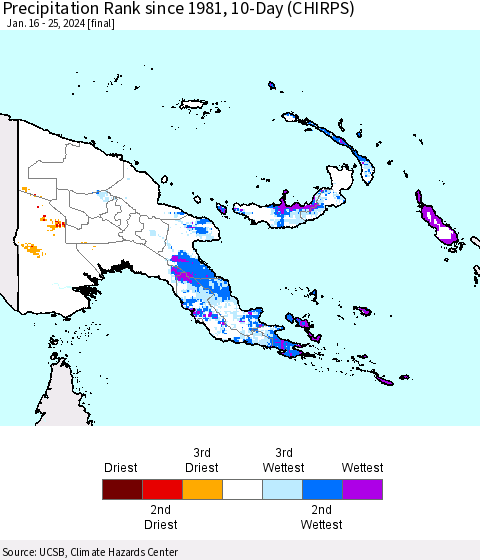 Papua New Guinea Precipitation Rank since 1981, 10-Day (CHIRPS) Thematic Map For 1/16/2024 - 1/25/2024