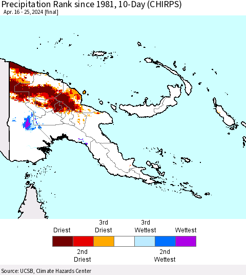 Papua New Guinea Precipitation Rank since 1981, 10-Day (CHIRPS) Thematic Map For 4/16/2024 - 4/25/2024