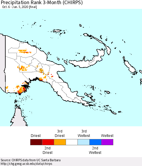 Papua New Guinea Precipitation Rank since 1981, 3-Month (CHIRPS) Thematic Map For 10/6/2019 - 1/5/2020
