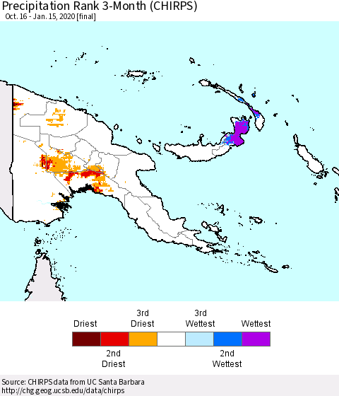 Papua New Guinea Precipitation Rank since 1981, 3-Month (CHIRPS) Thematic Map For 10/16/2019 - 1/15/2020