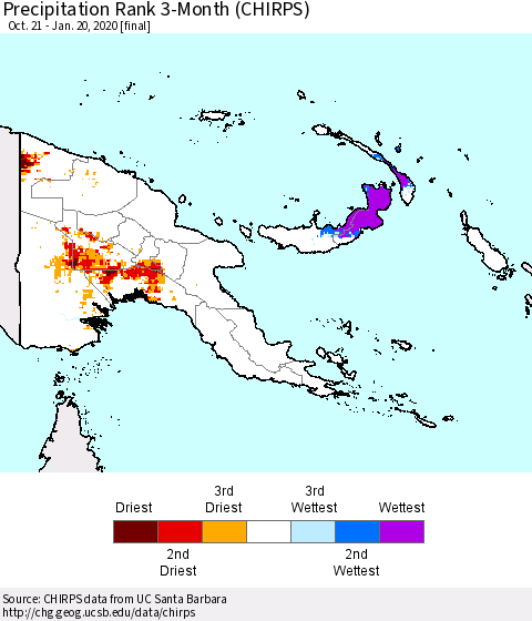 Papua New Guinea Precipitation Rank since 1981, 3-Month (CHIRPS) Thematic Map For 10/21/2019 - 1/20/2020