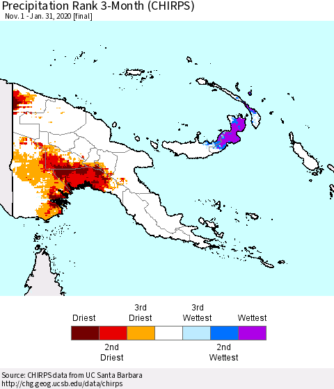 Papua New Guinea Precipitation Rank since 1981, 3-Month (CHIRPS) Thematic Map For 11/1/2019 - 1/31/2020