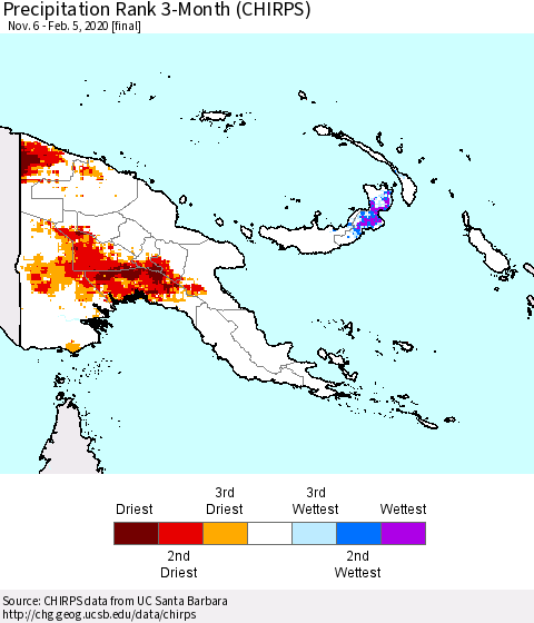 Papua New Guinea Precipitation Rank since 1981, 3-Month (CHIRPS) Thematic Map For 11/6/2019 - 2/5/2020