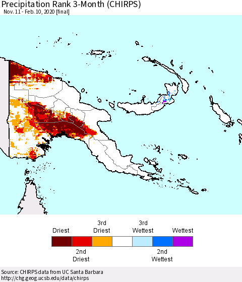Papua New Guinea Precipitation Rank since 1981, 3-Month (CHIRPS) Thematic Map For 11/11/2019 - 2/10/2020