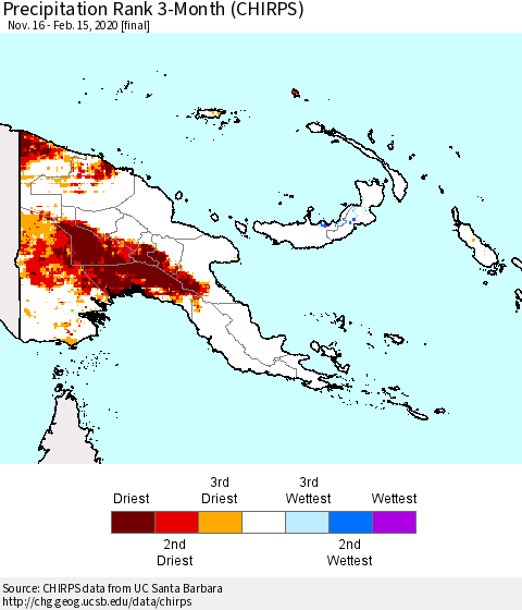 Papua New Guinea Precipitation Rank since 1981, 3-Month (CHIRPS) Thematic Map For 11/16/2019 - 2/15/2020