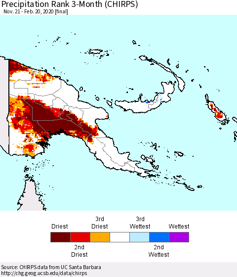 Papua New Guinea Precipitation Rank since 1981, 3-Month (CHIRPS) Thematic Map For 11/21/2019 - 2/20/2020