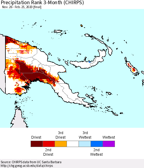 Papua New Guinea Precipitation Rank since 1981, 3-Month (CHIRPS) Thematic Map For 11/26/2019 - 2/25/2020