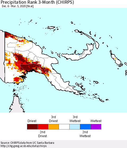 Papua New Guinea Precipitation Rank since 1981, 3-Month (CHIRPS) Thematic Map For 12/6/2019 - 3/5/2020