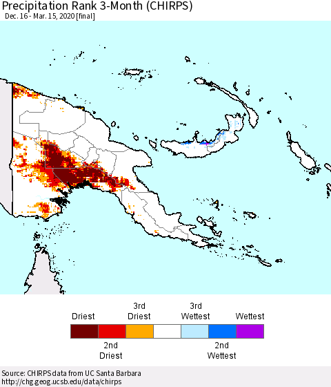 Papua New Guinea Precipitation Rank since 1981, 3-Month (CHIRPS) Thematic Map For 12/16/2019 - 3/15/2020