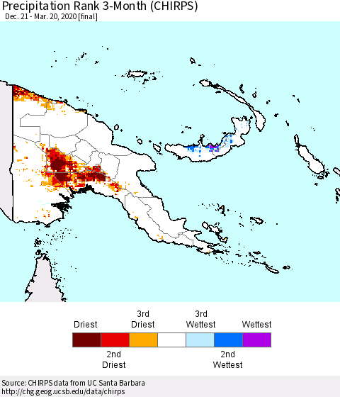 Papua New Guinea Precipitation Rank since 1981, 3-Month (CHIRPS) Thematic Map For 12/21/2019 - 3/20/2020