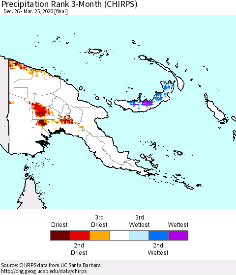 Papua New Guinea Precipitation Rank since 1981, 3-Month (CHIRPS) Thematic Map For 12/26/2019 - 3/25/2020