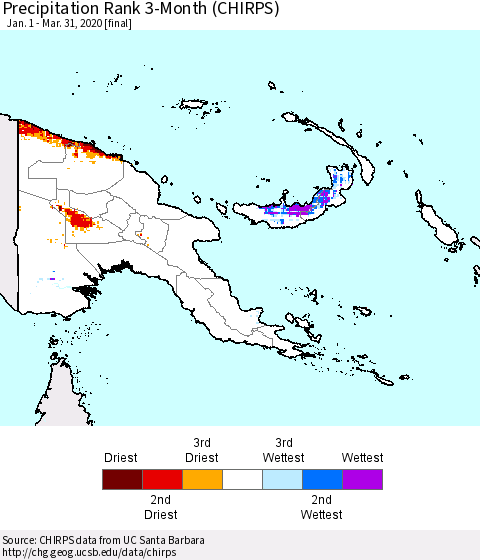 Papua New Guinea Precipitation Rank since 1981, 3-Month (CHIRPS) Thematic Map For 1/1/2020 - 3/31/2020