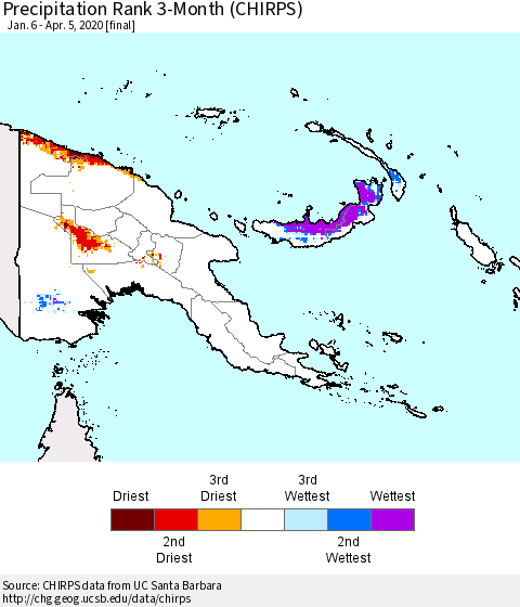 Papua New Guinea Precipitation Rank since 1981, 3-Month (CHIRPS) Thematic Map For 1/6/2020 - 4/5/2020