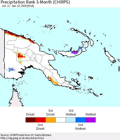 Papua New Guinea Precipitation Rank since 1981, 3-Month (CHIRPS) Thematic Map For 1/11/2020 - 4/10/2020