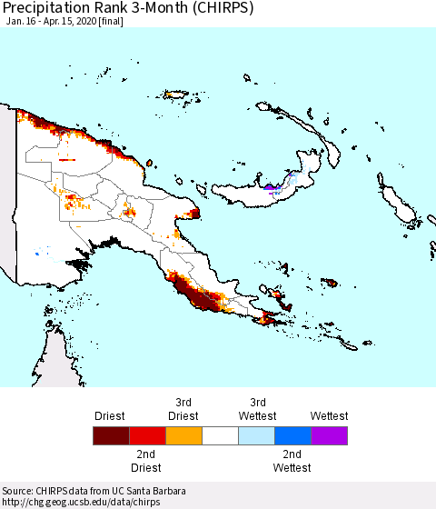 Papua New Guinea Precipitation Rank since 1981, 3-Month (CHIRPS) Thematic Map For 1/16/2020 - 4/15/2020