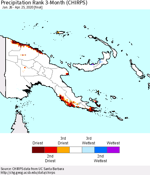 Papua New Guinea Precipitation Rank since 1981, 3-Month (CHIRPS) Thematic Map For 1/26/2020 - 4/25/2020
