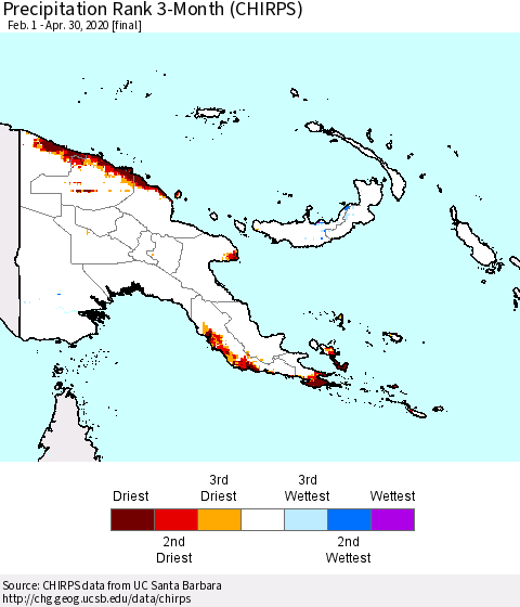 Papua New Guinea Precipitation Rank since 1981, 3-Month (CHIRPS) Thematic Map For 2/1/2020 - 4/30/2020