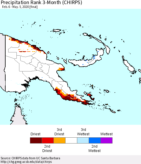 Papua New Guinea Precipitation Rank since 1981, 3-Month (CHIRPS) Thematic Map For 2/6/2020 - 5/5/2020