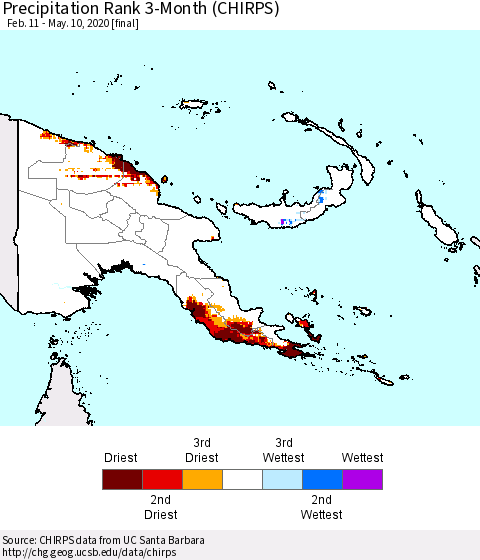 Papua New Guinea Precipitation Rank since 1981, 3-Month (CHIRPS) Thematic Map For 2/11/2020 - 5/10/2020